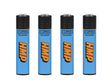 Four Clipper reusable butane lighters, black tops, blue dotted bodies, CLIPPER reusable text, large orange graphic. Part of Classic Large Lighters - HMP - Tray of 48.