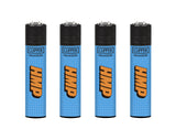 Four Clipper reusable butane lighters, black tops, blue dotted bodies, CLIPPER reusable text, large orange graphic. Part of Classic Large Lighters - HMP - Tray of 48.