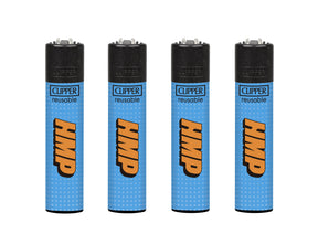 Four Clipper reusable butane lighters, black tops, blue dotted bodies, CLIPPER reusable text, large orange graphic. Part of Classic Large Lighters - HMP - Tray of 48.