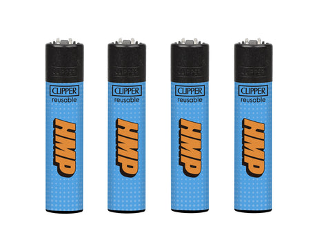 Four Clipper reusable butane lighters, black tops, blue dotted bodies, CLIPPER reusable text, large orange graphic. Part of Classic Large Lighters - HMP - Tray of 48.