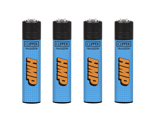 Four Clipper reusable butane lighters, black tops, blue dotted bodies, CLIPPER reusable text, large orange graphic. Part of Classic Large Lighters - HMP - Tray of 48.