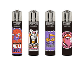 Classic Large Lighters - Groovy World - Tray of 48, featuring refillable lighters with four playful rock-and-dance-themed designs, showcasing durability and vibrant retro-inspired illustrations.
