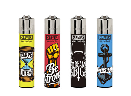 Classic Large CP11 - Skin art 2: four Clipper lighters with motivational designs, refillable and reusable, sold in trays of 48.