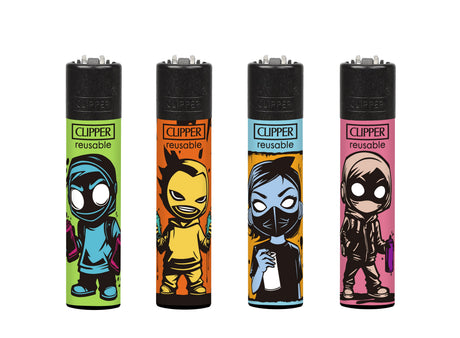 Classic Large CP11 - Spray Crew - 48 Lighters featuring street-art graphics with cartoon characters holding spray cans, promoting reusability with refillable parts.
