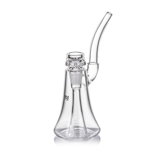 Lumina - Clear: A compact, clear glass bubbler with a flared base, curved mouthpiece, and 4-slot percolator for smooth filtration, crafted in durable borosilicate glass.