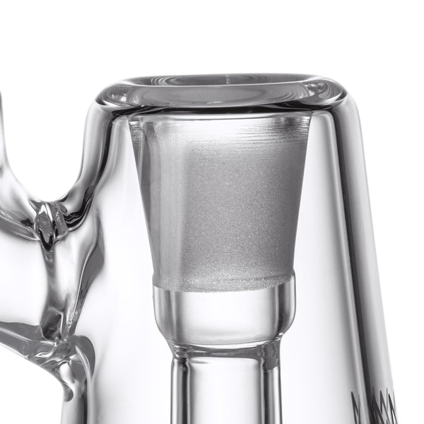Lumina - Clear: Close-up of a frosted glass ground-joint adapter on the MJ Arsenal Lumina Bubbler, showcasing its 14mm borosilicate glass connection for accessories.