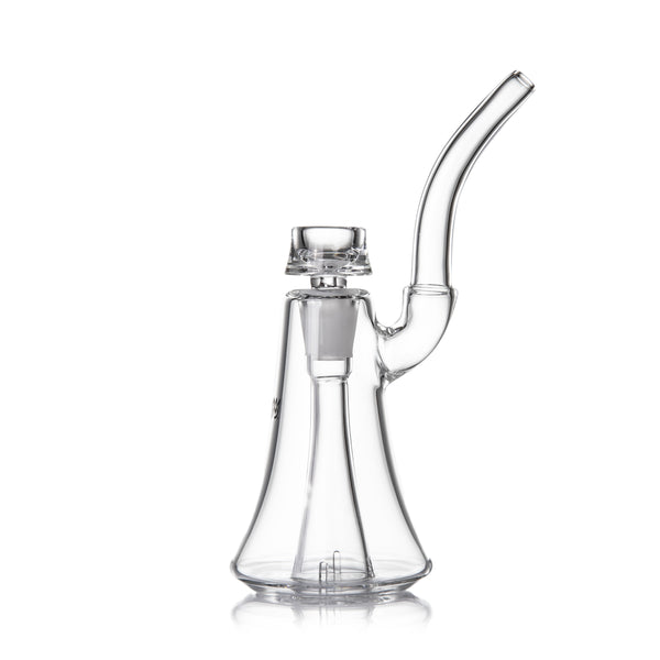 Lumina - Clear: A compact glass water-pipe with a flared base, curved mouthpiece, and central bowl. Features a 4-slot percolator for smooth filtration.