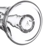 Lumina - Clear glass vessel with four swirl-inducers and a central maker’s mark, showcasing MJ Arsenal’s 14mm borosilicate glass bubbler design in collaboration with Andy Roth.