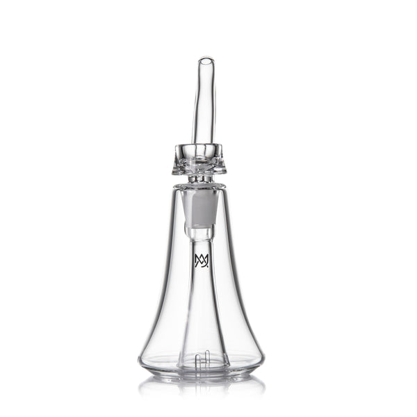 Lumina - Clear: A compact glass concentrate rig with a conical chamber, central down-stem, and long mouthpiece, featuring a 4-slot percolator for smooth filtration.