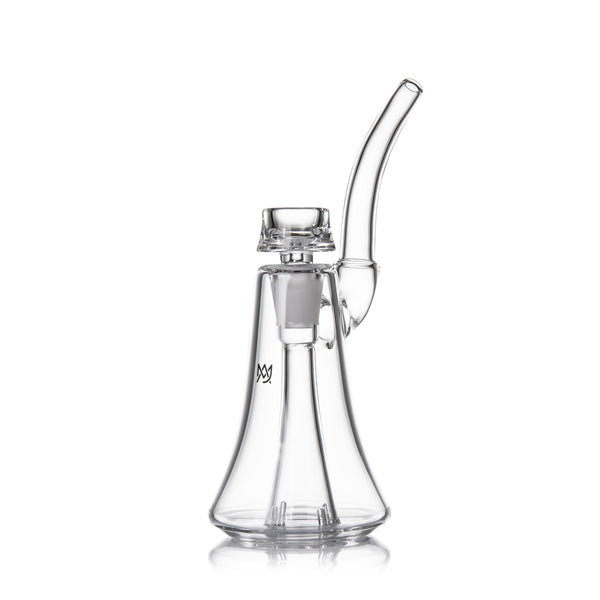 Lumina - Clear: A compact glass bubbler with a cone-shaped base, bent mouthpiece, and etched logo, featuring a 4-slot percolator and 14mm removable bowl.