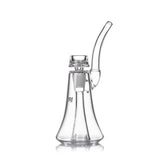 Lumina - Clear: A compact glass bubbler with a cone-shaped base, bent mouthpiece, and etched logo, featuring a 4-slot percolator and 14mm removable bowl.