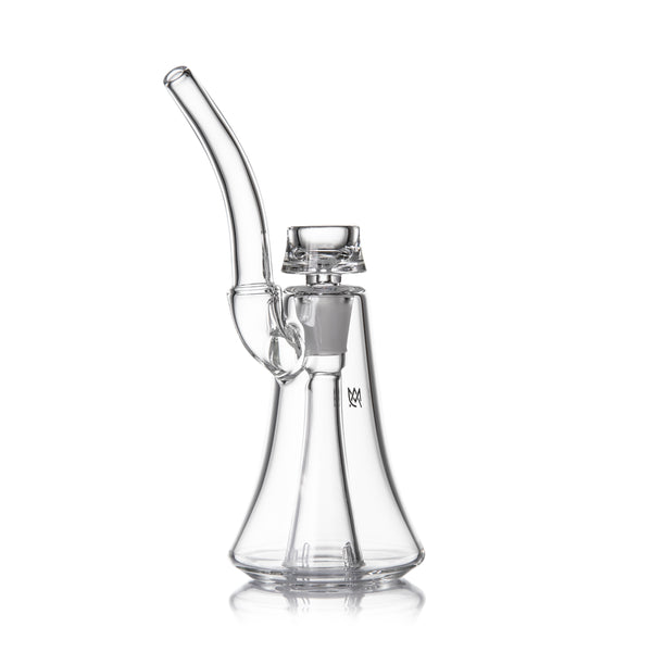 Lumina - Clear: A compact, clear glass bubbler with a beaker base, curved mouthpiece, and 4-slot percolator for smooth smoke filtration.