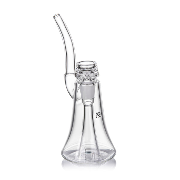 Lumina - Clear: A small, all-glass dab rig with a flared beaker-style base, upward-angled mouthpiece, and 14mm joint, featuring a 4-slot percolator.