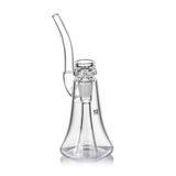 Lumina - Clear: A small, all-glass dab rig with a flared beaker-style base, upward-angled mouthpiece, and 14mm joint, featuring a 4-slot percolator.