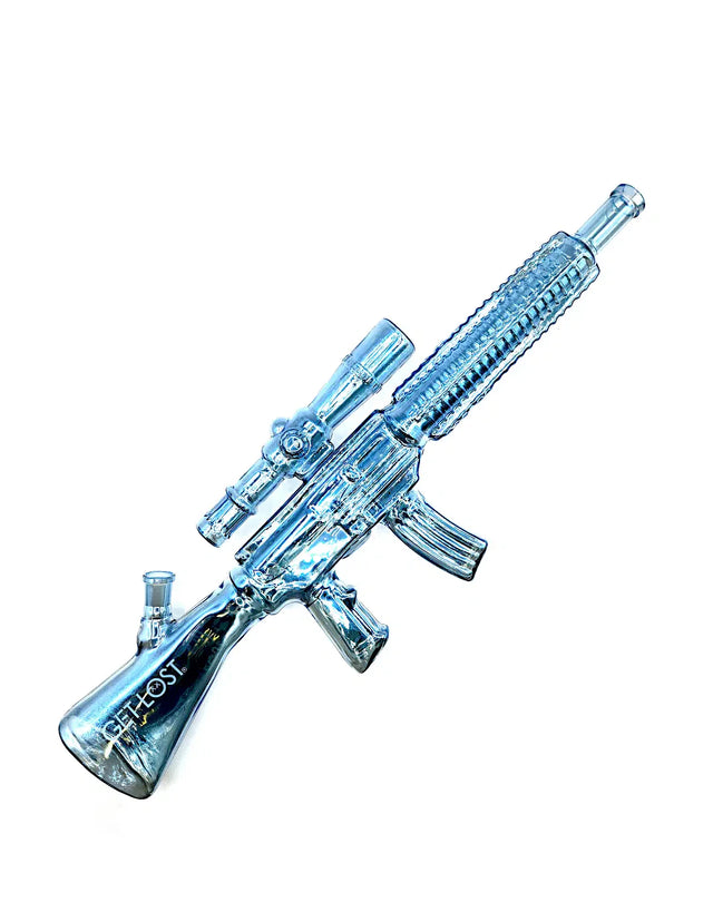 M416 Glass Gun - Clear Black water pipe shaped like a rifle with a transparent design, featuring a stock base, barrel mouthpiece, and removable bowl.