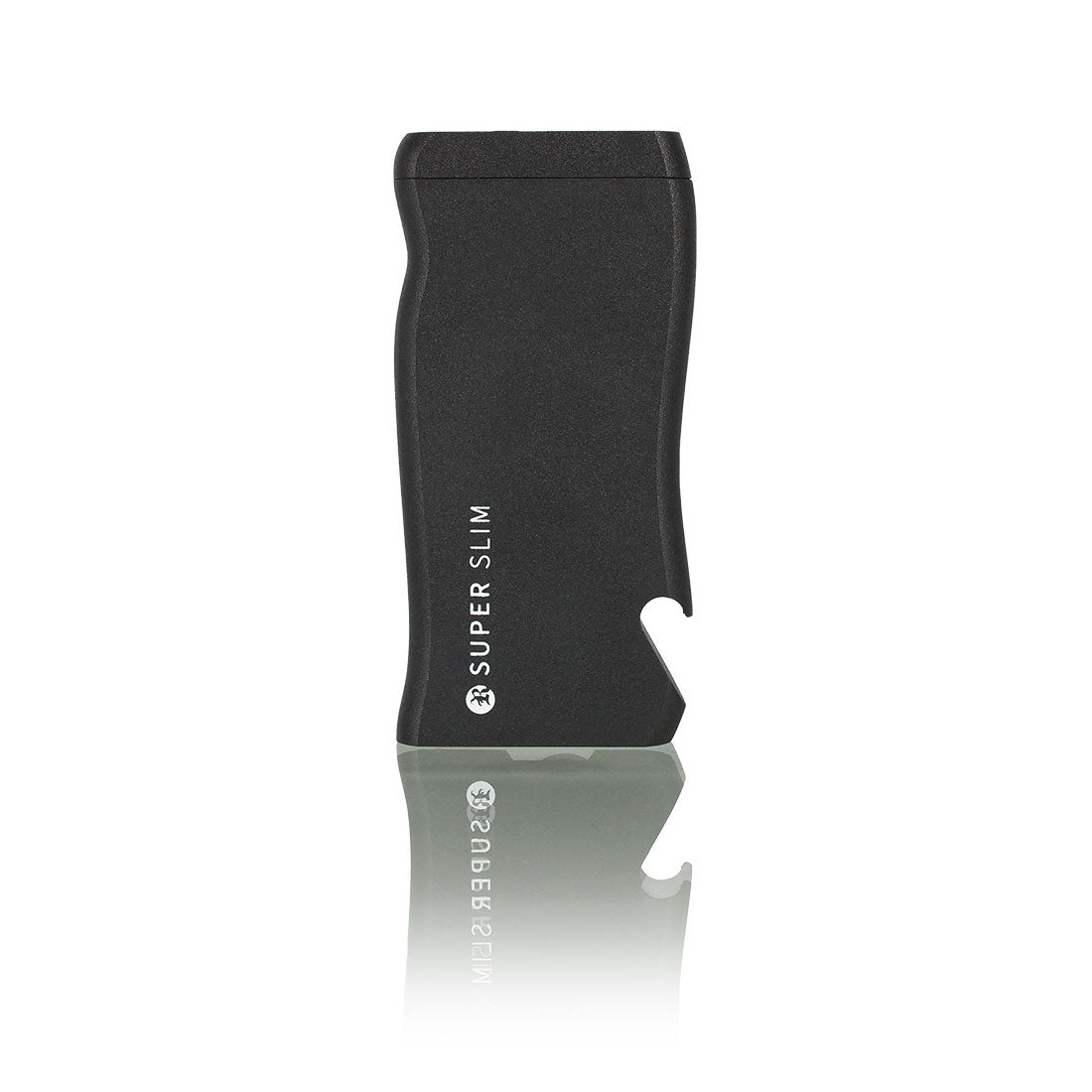 Super Slim Aluminum Dugout - Powder Coated - Black, featuring a sleek rectangular design with visible white text, ideal for everyday carry and smoking convenience.