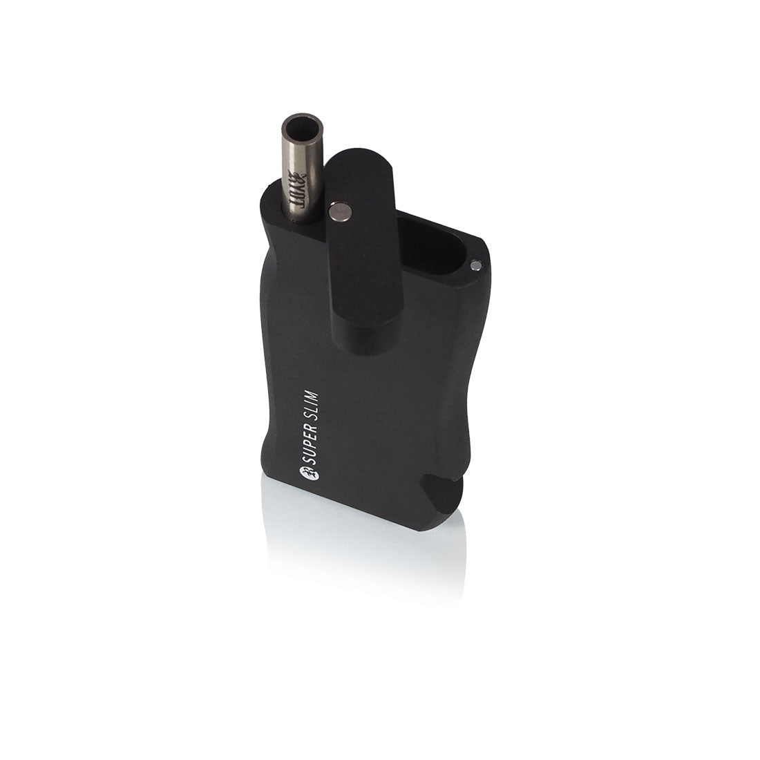 Super Slim Aluminum Dugout - Powder Coated - Black, featuring a sleek black design with a metal handle and tube, includes an integrated stainless steel one hitter.