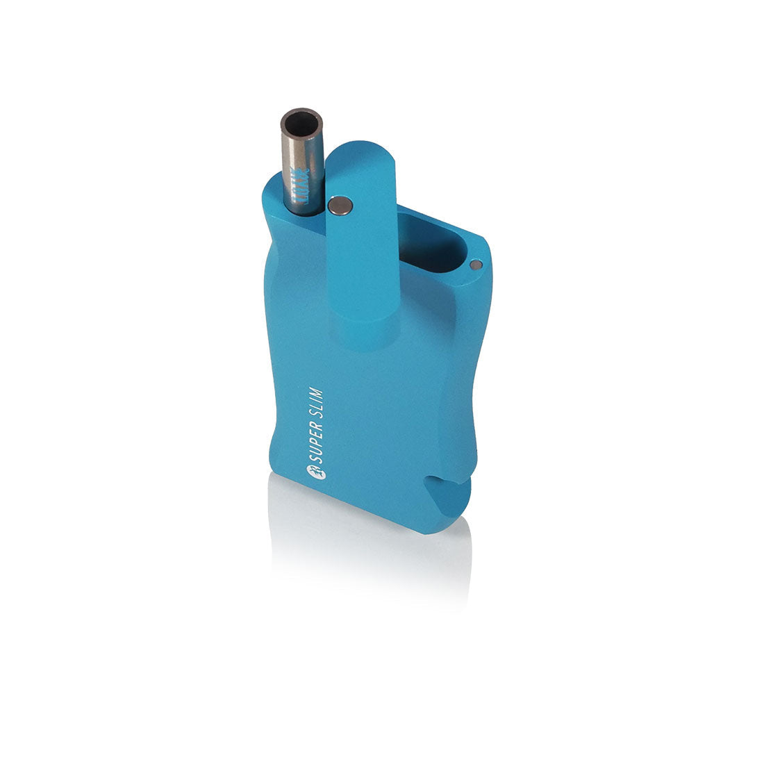 Super Slim Aluminum Dugout - Powder Coated - Black: Compact, blue aluminum case with compartments for herb and stainless-steel one-hitter, featuring a magnetic lid and ergonomic design.