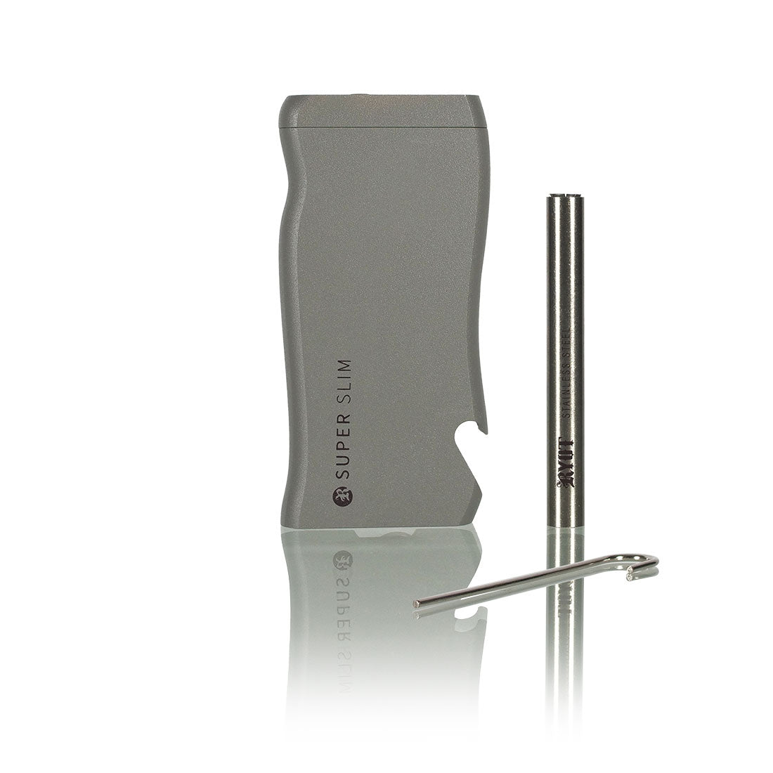 Super Slim Aluminum Dugout - Powder Coated - Black shown disassembled with a credit-card-thick housing, stainless steel one-hitter tube, and metal poker tool.