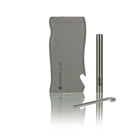 Super Slim Aluminum Dugout - Powder Coated - Black shown disassembled with a credit-card-thick housing, stainless steel one-hitter tube, and metal poker tool.