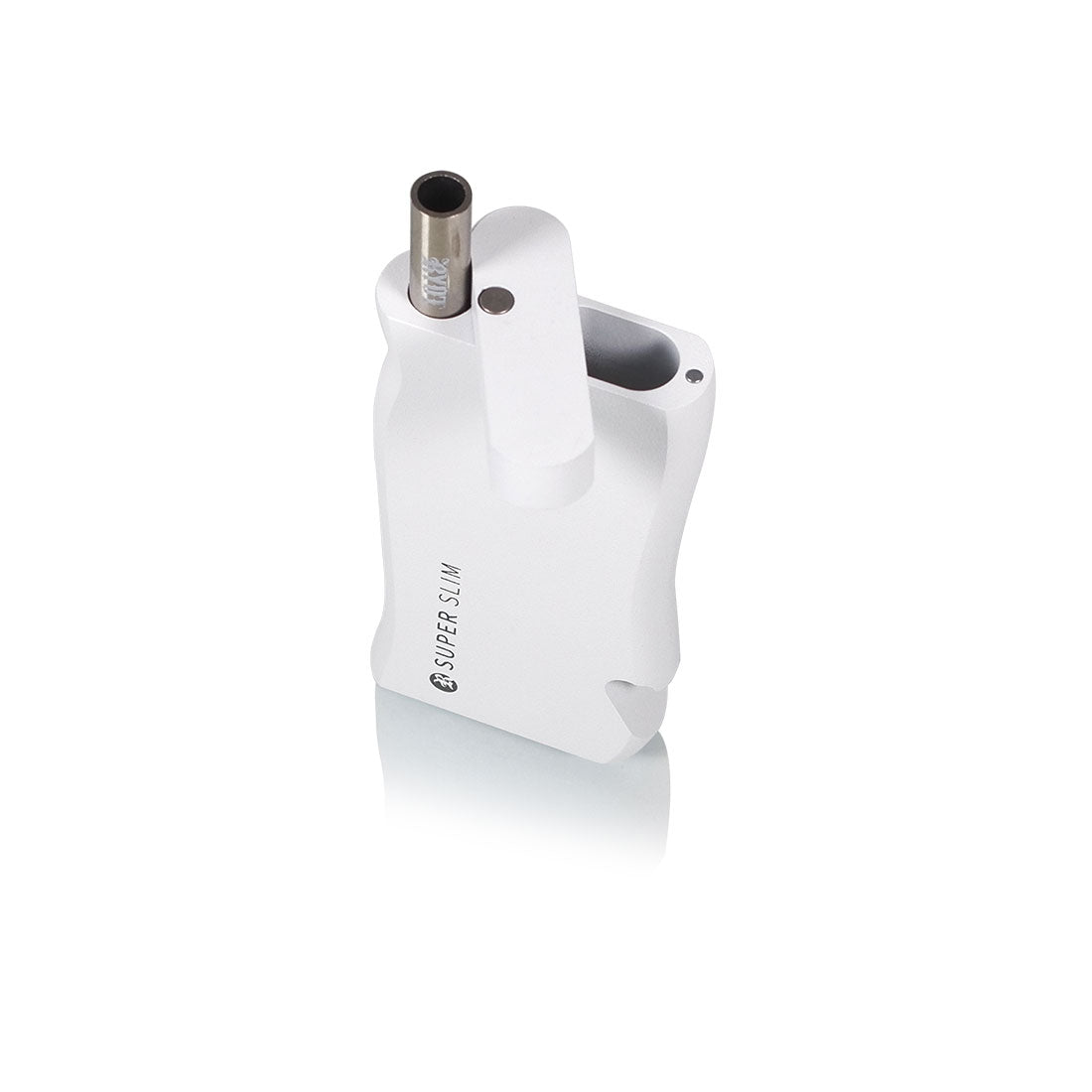 Super Slim Aluminum Dugout - Powder Coated - White, featuring a sleek design with a metal handle and integrated stainless steel one hitter for seamless smoking.