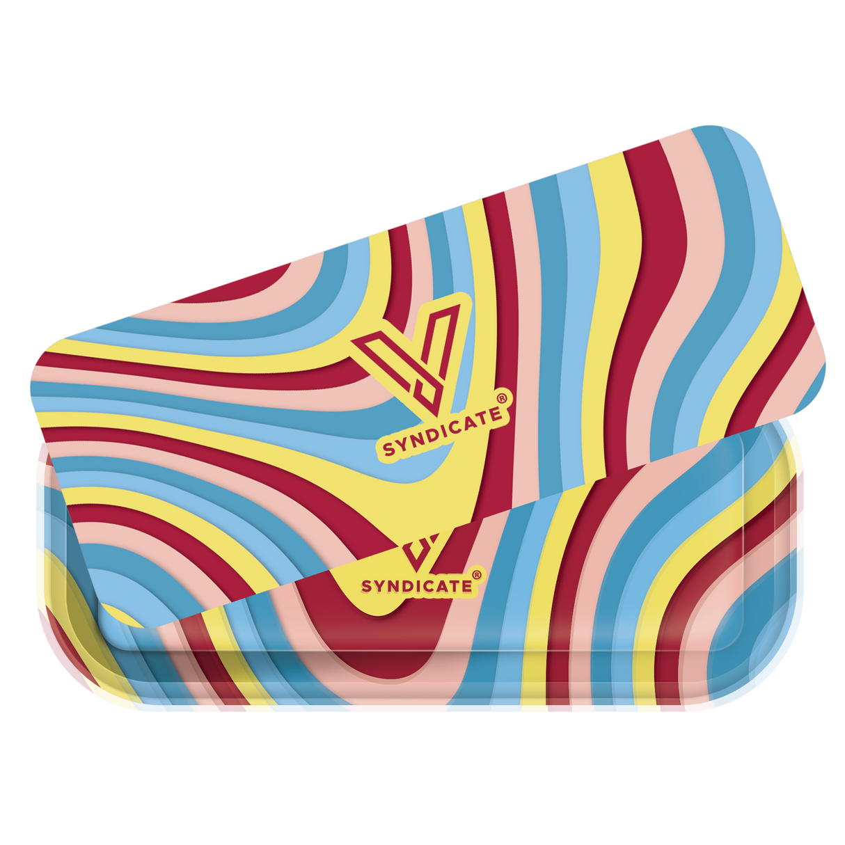 Rectangular metal tin with psychedelic stripes, featuring a stylized V logo and SYNDICATE®; part of the Roll N Go Long - Melted collection.