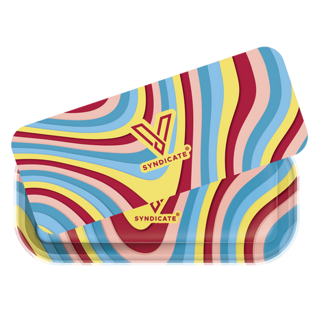 Rectangular metal tin with psychedelic stripes, featuring a stylized V logo and SYNDICATE®; part of the Roll N Go Long - Melted collection.
