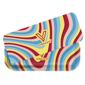 Syndicate's Roll N Go Long - Melted tin, featuring a psychedelic 3D design, logo, and magnetic lid, ideal for storing smoking accessories securely.