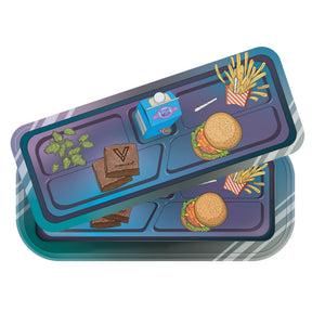 Roll N Go Long - Munch Time tray with school-lunch items and cannabis, featuring cheeseburger, milk, fries, joint, cannabis, and SYNDICATE brownies.
