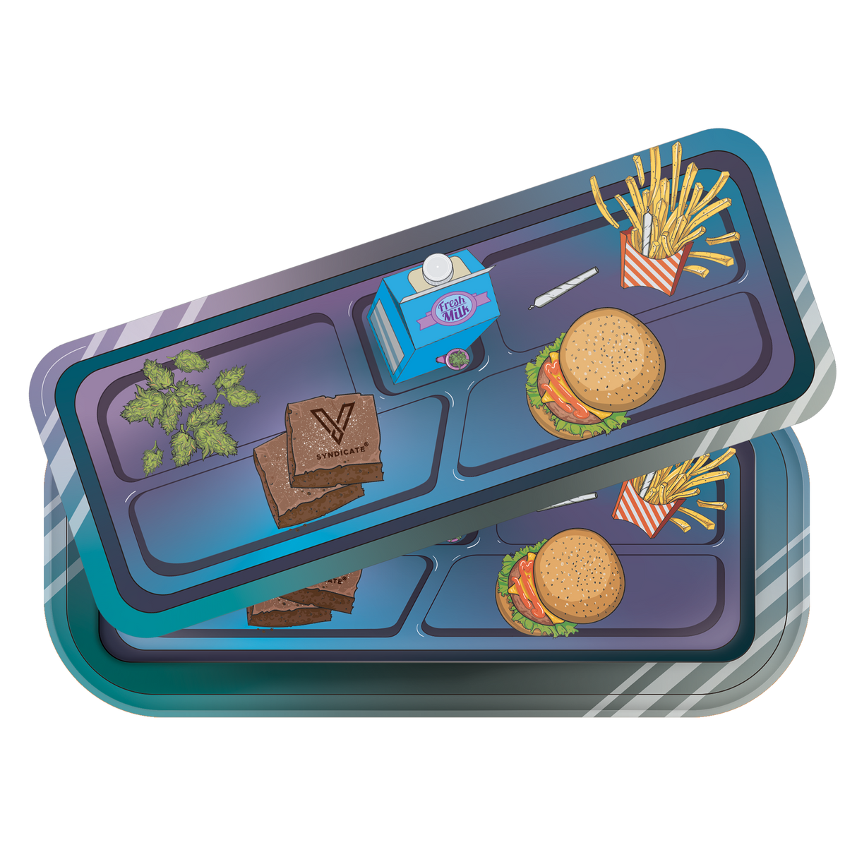 Roll N Go Long Munch Time tray with cannabis buds, Syndicate brownies, Fresh Milk, smoking pipe, cheeseburger, fries, highlighting a fun 3D munchies theme.