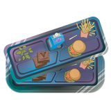 Roll N Go Long Munch Time tray with cannabis buds, Syndicate brownies, Fresh Milk, smoking pipe, cheeseburger, fries, highlighting a fun 3D munchies theme.