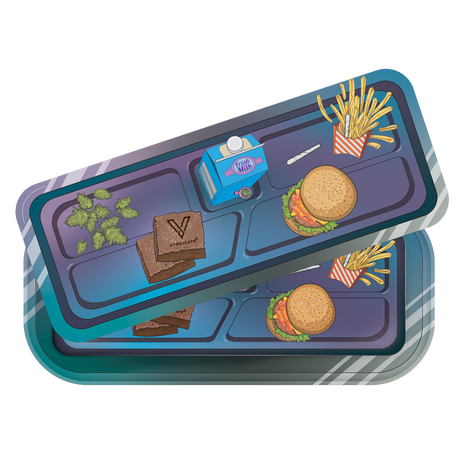 Roll N Go Long Munch Time tray with cannabis buds, Syndicate brownies, Fresh Milk, smoking pipe, cheeseburger, fries, highlighting a fun 3D munchies theme.