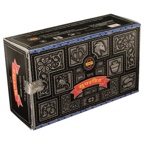Super Hit Incense - 12 Packs of 15g, featuring astrological motifs on black packaging, offering earthy aroma for relaxation and spiritual practices.