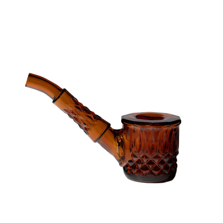 Highball Pipe: A hand-blown amber-brown glass smoking pipe with textured diamond-cut pattern, featuring a bent mouthpiece and cylindrical bowl for smoking material.