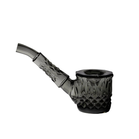 Highball Pipe: A hand-blown, smoke-grey glass pipe with diamond-cut design, curved mouthpiece, and deep bowl, showcasing elegant craftsmanship and durability.