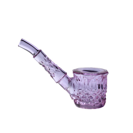 Highball Pipe, a small hand-held piece, features purple-tinted glass with a diamond-cut texture, short angled stem, ideal for smoking herbs or tobacco.
