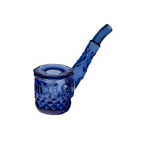 Highball Hand Pipe: A small, hand-blown cobalt-blue glass pipe with intricate diamond and wedge-cut detailing, featuring a bowl and short angled mouthpiece.