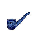 Hand-held Highball Pipe made of cobalt-blue glass, featuring a rounded bowl, textured body, and narrow stem; showcases hand-blown borosilicate craftsmanship with intricate detailing.