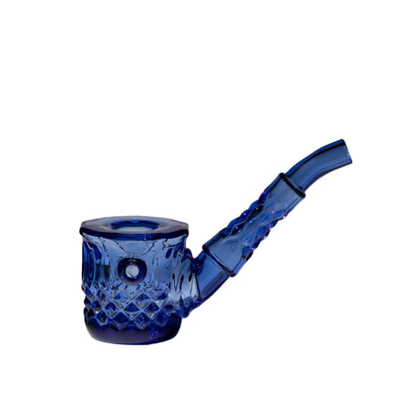 Hand-held Highball Pipe made of cobalt-blue glass, featuring a rounded bowl, textured body, and narrow stem; showcases hand-blown borosilicate craftsmanship with intricate detailing.