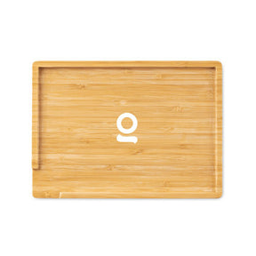 Bamboo Wood Tray - Small: A natural bamboo tray featuring a white logo, lap-sized for versatile use, with minimalist compartments for easy organization.