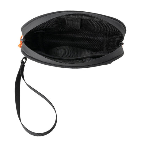 Smell Proof Water-Resistant Wrist Bag - Black with a zipper, detachable wrist strap, and mesh pocket for organized storage.