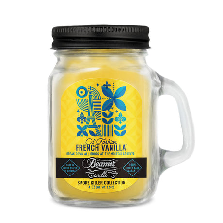 Scented Candle - Ol' Fashion French Vanilla in a glass jar with a yellow label, featuring odor-neutralizing enzymes for a 22-hour burn.