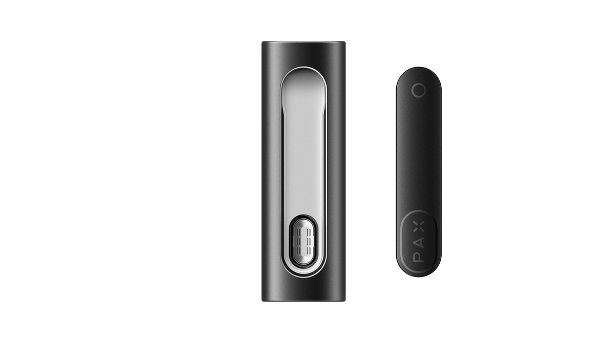 PAX FLOW components: Left, charging dock with sliding door; right, slim battery/pod unit with LED, showcasing PAX's advanced vaporizer design and functionality.
