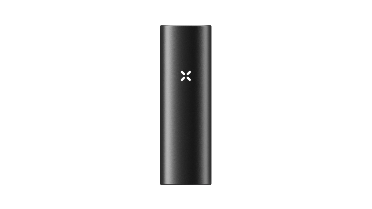 PAX FLOW portable vaporizer battery, matte black cylinder-rectangle with an X-shaped LED indicator, highlighting advanced dry herb vaporization technology.