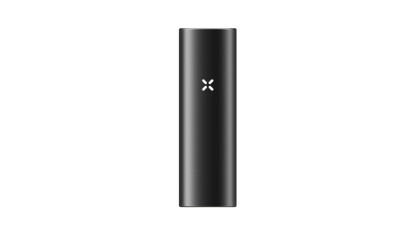 PAX FLOW portable vaporizer battery, matte black cylinder-rectangle with an X-shaped LED indicator, highlighting advanced dry herb vaporization technology.