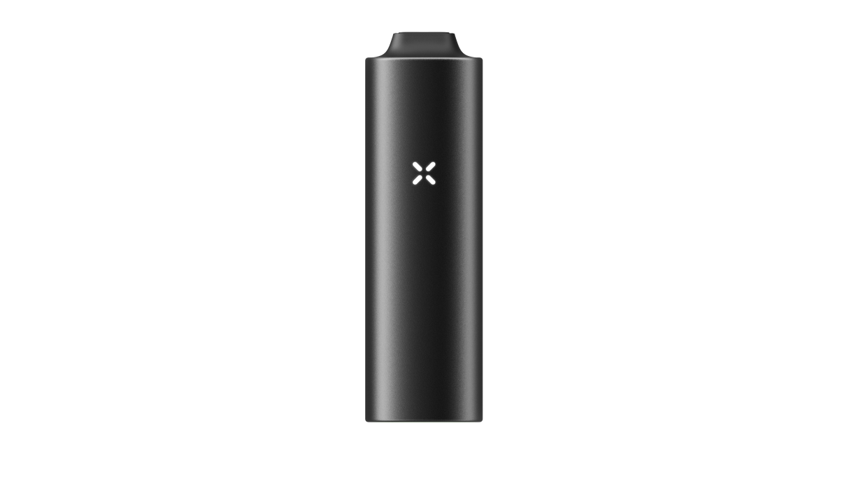 PAX FLOW vaporizer, matte-black cylindrical design with white X LED indicator, features a tapered mouthpiece, showcasing its advanced dry herb vaping technology.