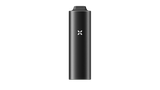PAX FLOW vaporizer, matte-black cylindrical design with white X LED indicator, features a tapered mouthpiece, showcasing its advanced dry herb vaping technology.