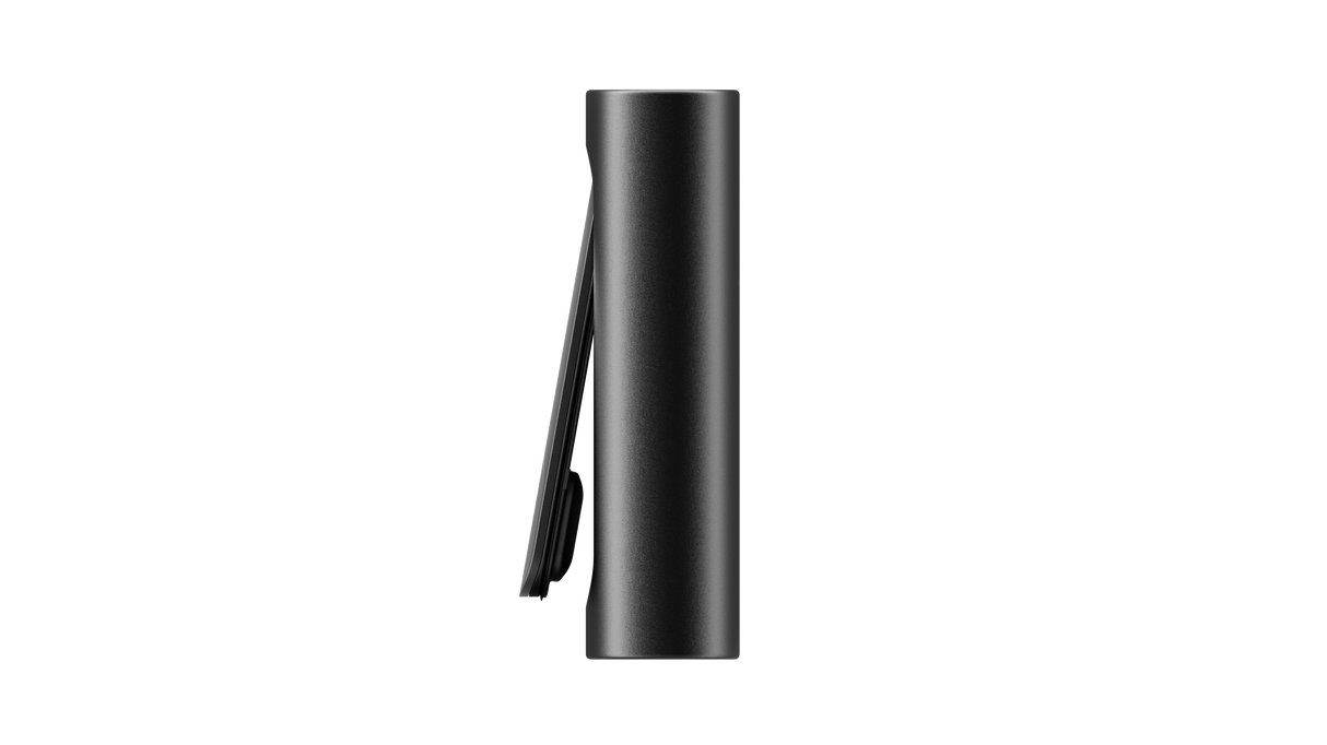 Side-profile of the PAX FLOW, a slim, matte-black dry herb vaporizer with a spring-steel clip, showcasing its portable, pocket-friendly design.