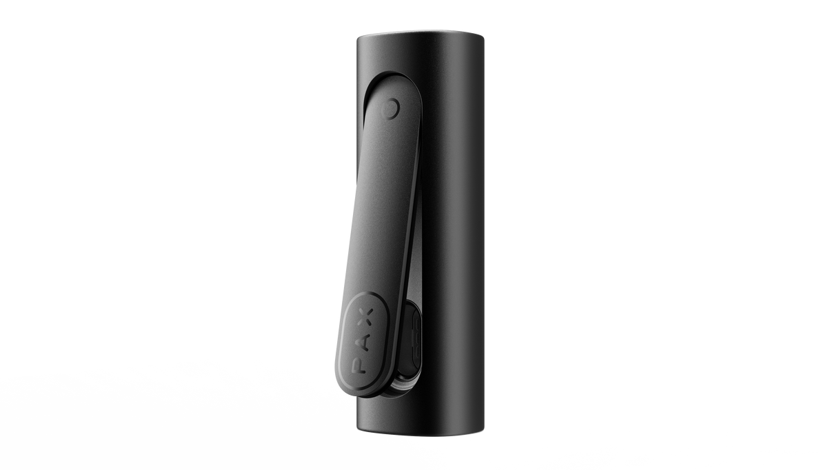 PAX FLOW black cylindrical vape-pen battery with open spring-loaded clip, designed for dry herb vaping, showcasing its sleek design and advanced functionality.