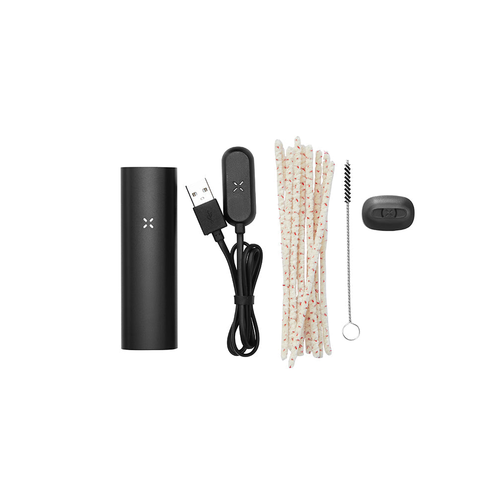 PAX 3 Basic Kit: Features black vaporizer body, USB charger, cleaning tools, and an alternate mouthpiece, enhancing your experience with sleek, portable design.